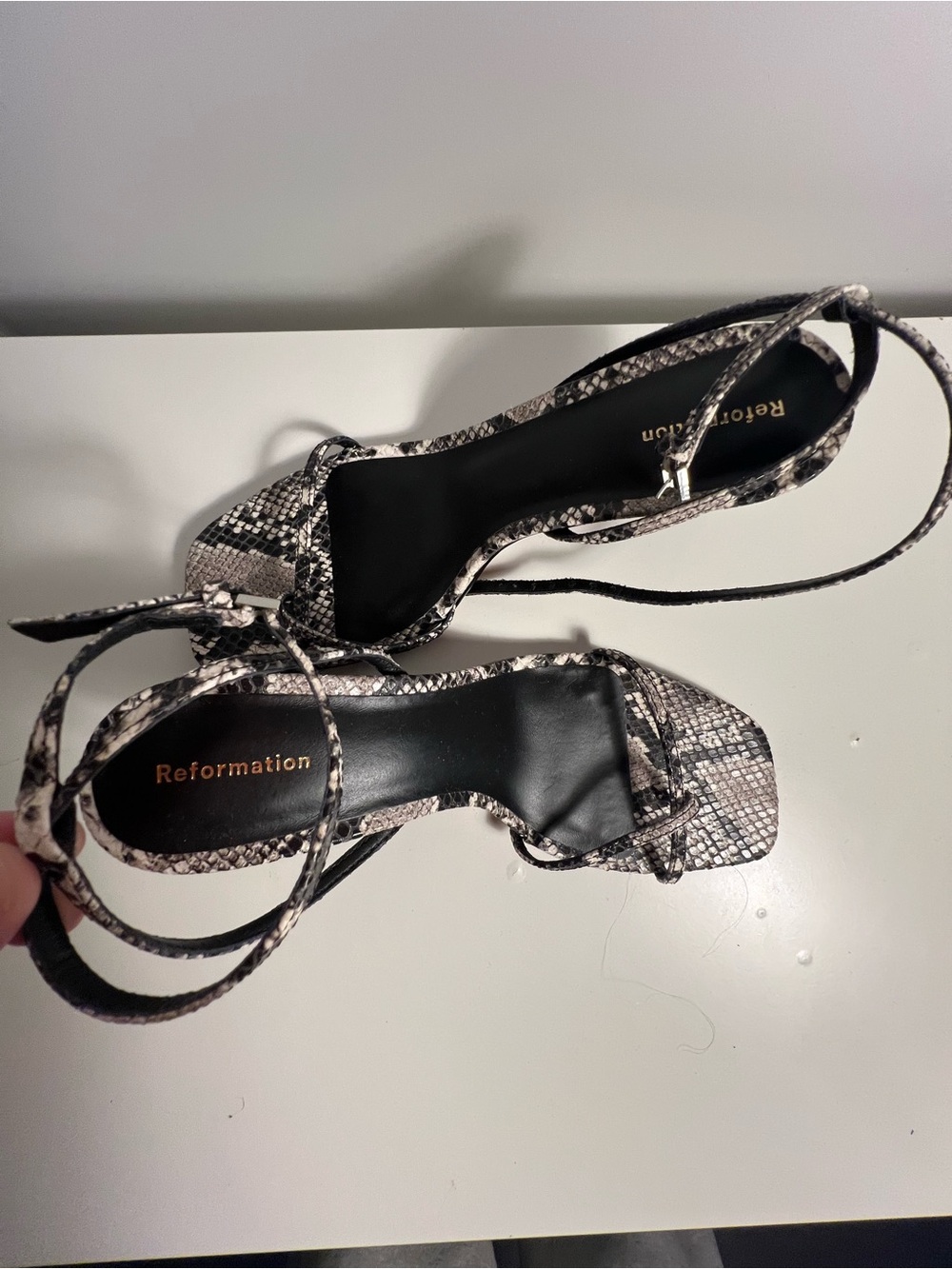 Reformation Black and Cream Snake-Print Strappy Heels with Ankle Tie